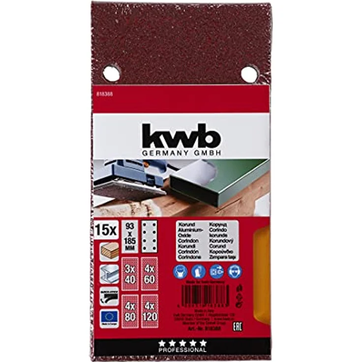 kwb Quick-Stick Schleifpapier – für Schwing-Schleifer K 40, K 60, K 80, K 120 für Holz und Metall, 93 mm x 185 mm, Edelkorund, gelocht mit Klett (15 Stk.) – Bild 2