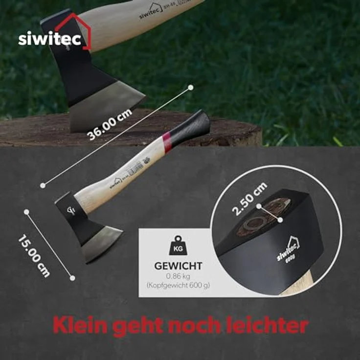 siwitec Holzaxt SH-60, Survival Axt mit 600 Gramm Kopfgewicht, Axt zum Holz spalten mit Hickory-Stiel und C45 Carbon Klinge, Beil, Camping Axt – Bild 2