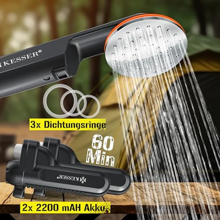KESSER Campingdusche mit Akku Tauchpumpe Handbrause 2x 2200mAh-Lithium-Akku, USB-Ladekabel , für Camping Garten - Auto - Outdoor , Hundedusche , Autoreinigung , Inkl. Tragetasche, 12V Pumpe Schwarz - Orange - Preisvergleich – Bild 4