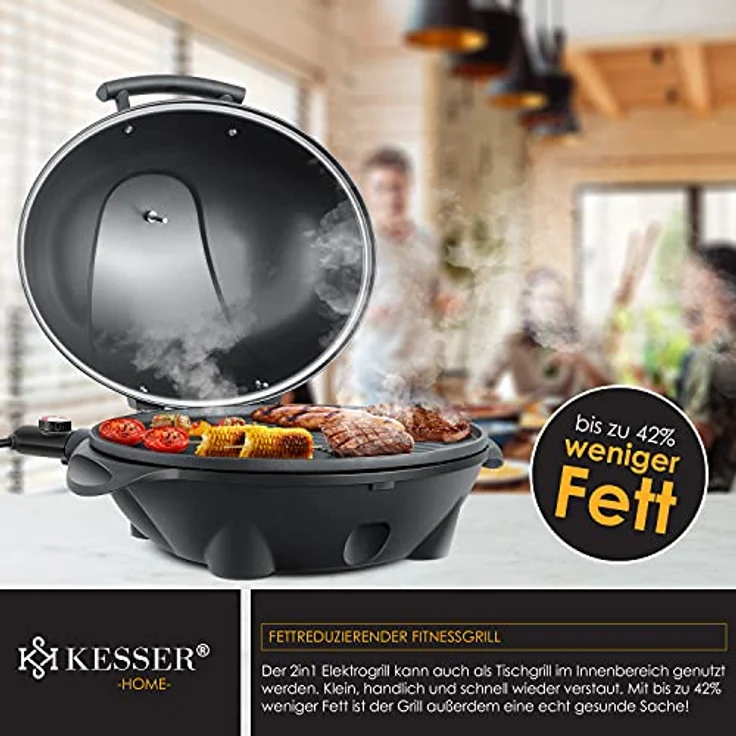 KESSER elektrischer Elektrogrill 2in1 Tischgrill - Standgrill mit Deckel Standfuß max. 2400 Watt Thermometer Antihaftbeschichtung XXL Grillplatte integrierte Ablagefläche Elektro-Säulengrill Schwarz – Bild 6