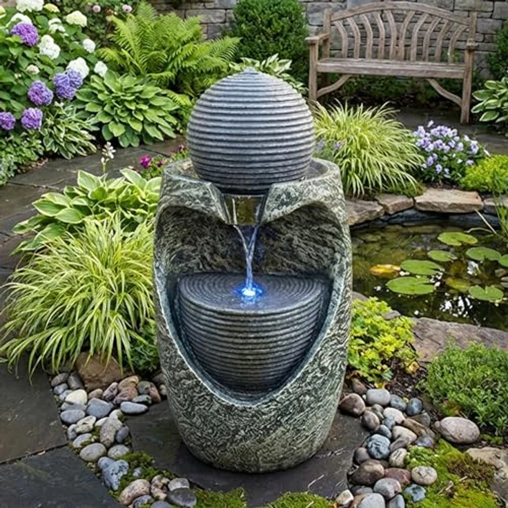 Köhko Gartenbrunnen „Steinquell Aura“, moderner Zierbrunnen mit LED und Natursteinoptik, 76 cm hoch – Bild 4