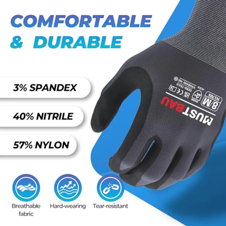 Mustbau Arbeitshandschuhe Schwarz, Nitril beschichtete Handschuhe mit Touchscreen-Funktion für Montage, Mechanik und Gartenarbeit, Gr. M, 6 Paare – Bild 3