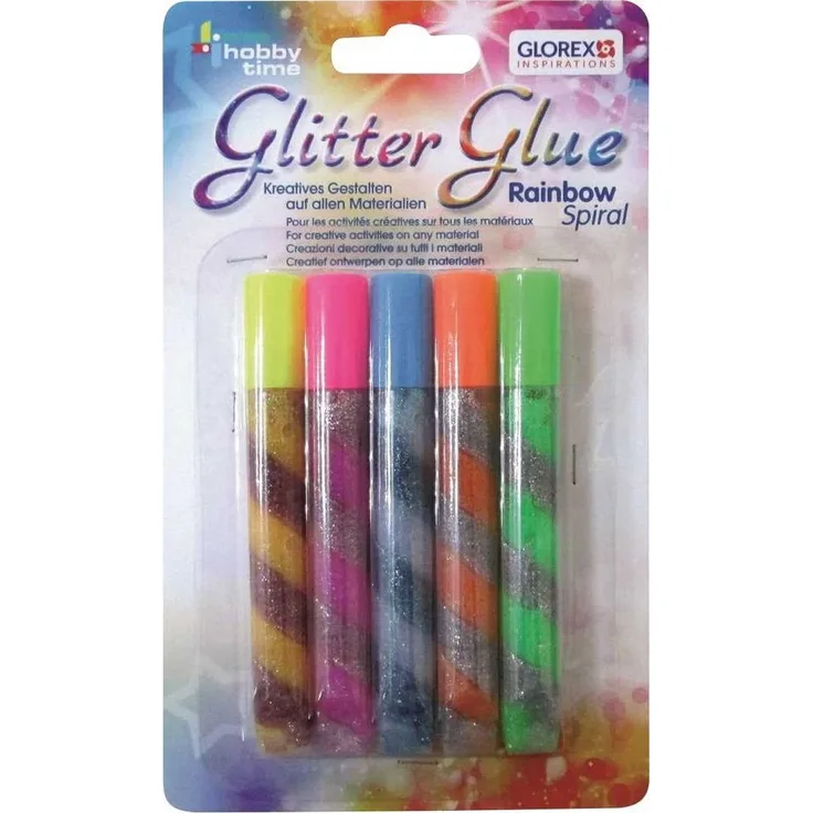 Glorex Glitter-Spiral-Glue, Bastelkleber 5x10,5ml in Regenbogenfarben (neongelb, pink, blau, orange, grün)