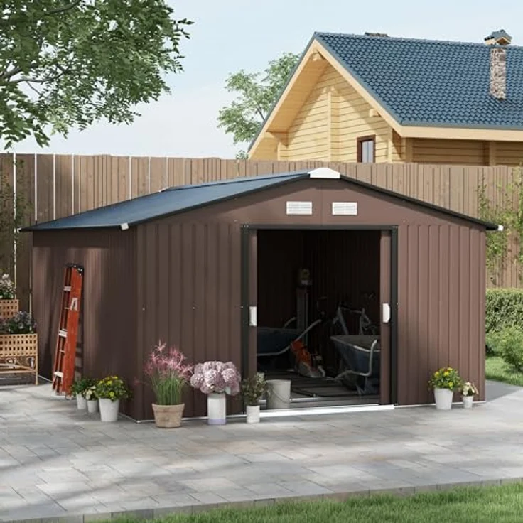 Outsunny Gerätehaus 12,4 m², Gartenhaus mit Pultdach, Schiebetür, Fundament, wetterfest, Braun – Bild 2