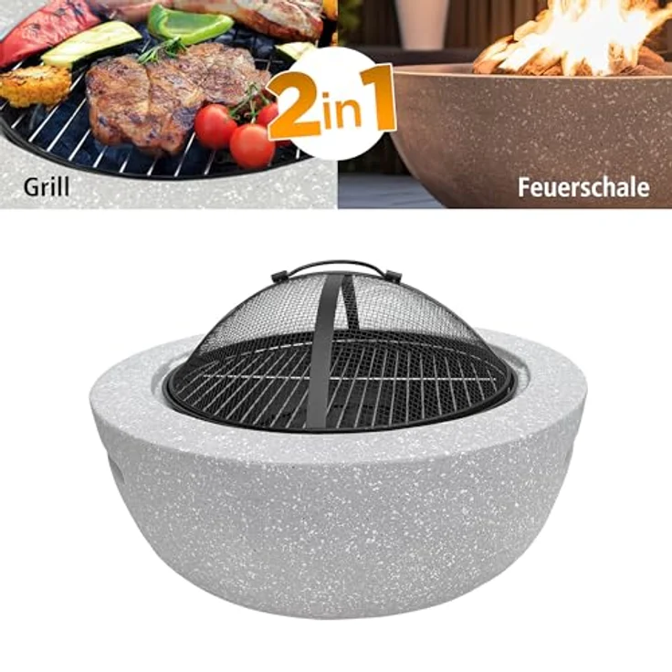 IC Gardenworld Feuerschale 2-in-1 aus Kunststein in Granitoptik | ca. Ø 60 cm | inkl. Grillrost, Schürhaken & Funkenschutz | als Grill & Feuerkorb für den Garten nutzbar | Moderne Feuerstelle zum Kochen und Chillen – Bild 5