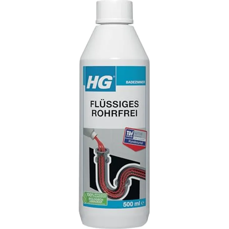 HG Flüssiges Rohrfrei, 500 ml - Effektive Verstopfungsbeseitigung ohne Sprudeln, für Abflüsse und Toiletten