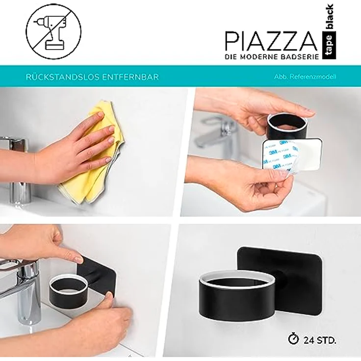 bremermann Bad-Serie Piazza Black Tape - WC-Garnitur selbstklebend Glas & Edelstahl, schwarz - kein Bohren 3M Klebebefestigung – Bild 4