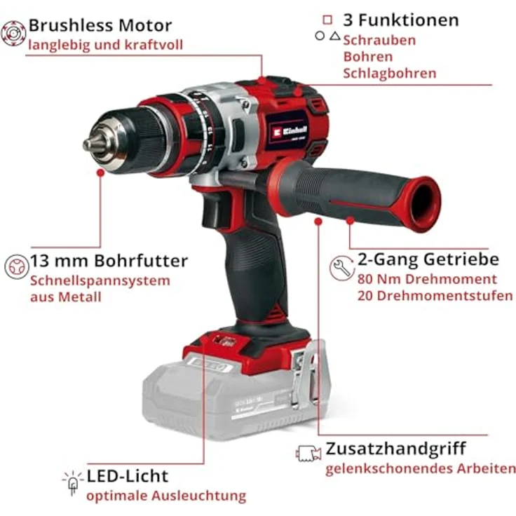Einhell Akku-Schrauber EINHELL Akku-Schlagbohrschrauber TP-CD 18/80 Li-i, 2-Gang Getriebe, 80 Nm Drehmoment, LED-Licht, blau – Bild 3