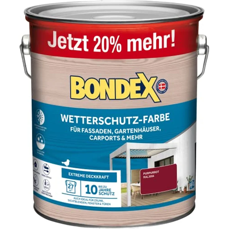 Bondex Wetterschutz Farbe Purpurrot (RAL3004) 3 L für 27 m² | Extreme Deckkraft | Hervorragende Witterungsbeständigkeit | seidenglänzend | Wetterschutzfarbe | Holzfarbe – Bild 1