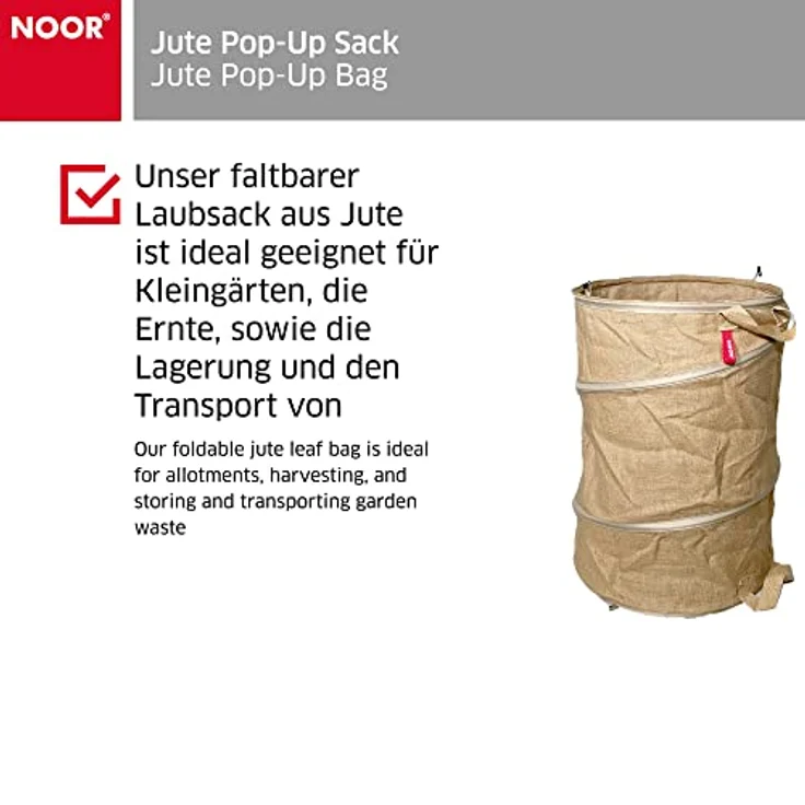 NOOR Jute Pop-Up Sack 100L (Größe M, Ø 45x60 cm) I Gartenabfallsack selbststehend I Faltbarer Laubsack I Gartensack für Schrebergärten, zum Ernten, Lagern & Transportieren von Gartenabfällen – Bild 2
