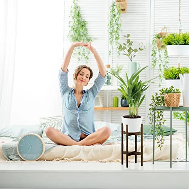 Relaxdays Pflanzenständer, Bambus Blumenständer im 2er Set, für Blumentöpfe bis 32 cm Ø, verstellbar & stapelbar, braun – Bild 3