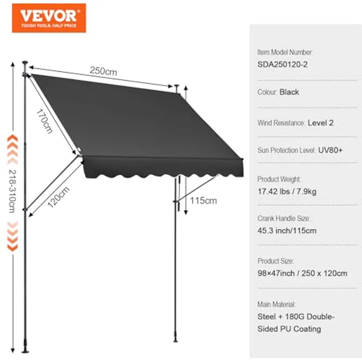 VEVOR Klemmmarkise 250 x 120 cm, Balkonmarkise mit Handkurbel, Sonnenmarkise, Terrassenüberdachung Sunsetter Deck, Schwarz, Höhenverstellbar von 218 bis 309 cm – Bild 5