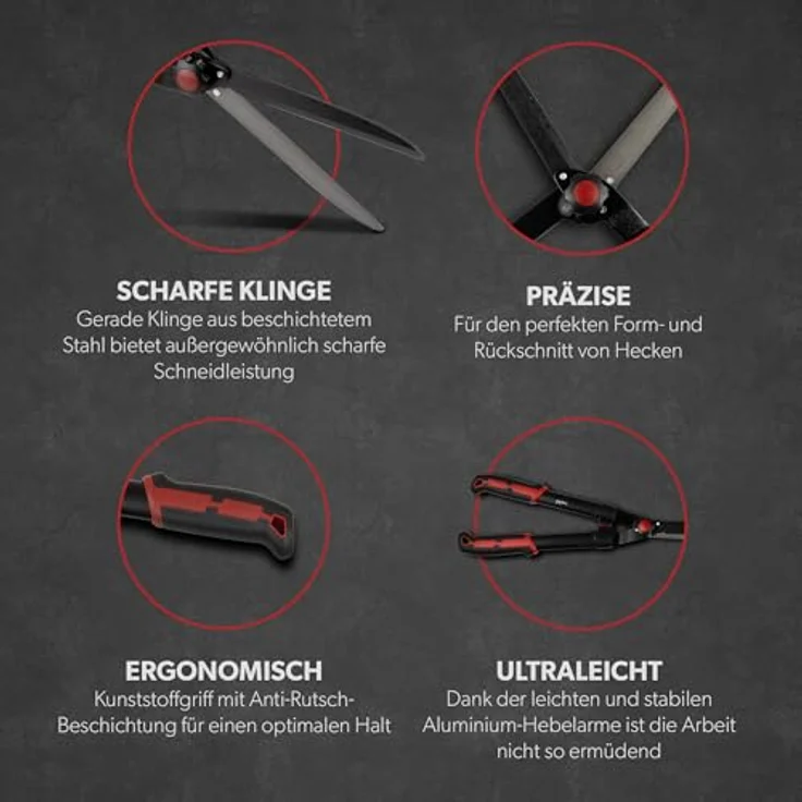 siwitec Heckenschere SG-30 | 62,5 cm Länge | Klingen aus Kohlenstoffstahl | Kunststoffgriff mit Gummierung | Schwarz-Rot – Bild 5