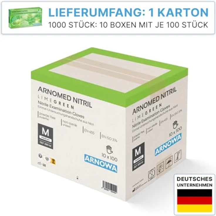 ARNOMED Einweghandschuhe M, Nitril Handschuhe in Limettengrün, 1000 Stück, puderfrei, latexfrei, lebensmittelecht, EN 455 & EN 374 zertifiziert – Bild 2