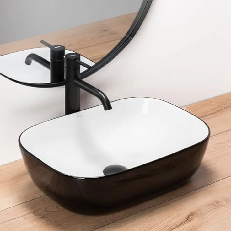 Rea Waschbecken Aufsatzwaschbecken Keramik Rechteckig Schwarz Weiß, 33x46 cm für Badezimmer – Bild 5