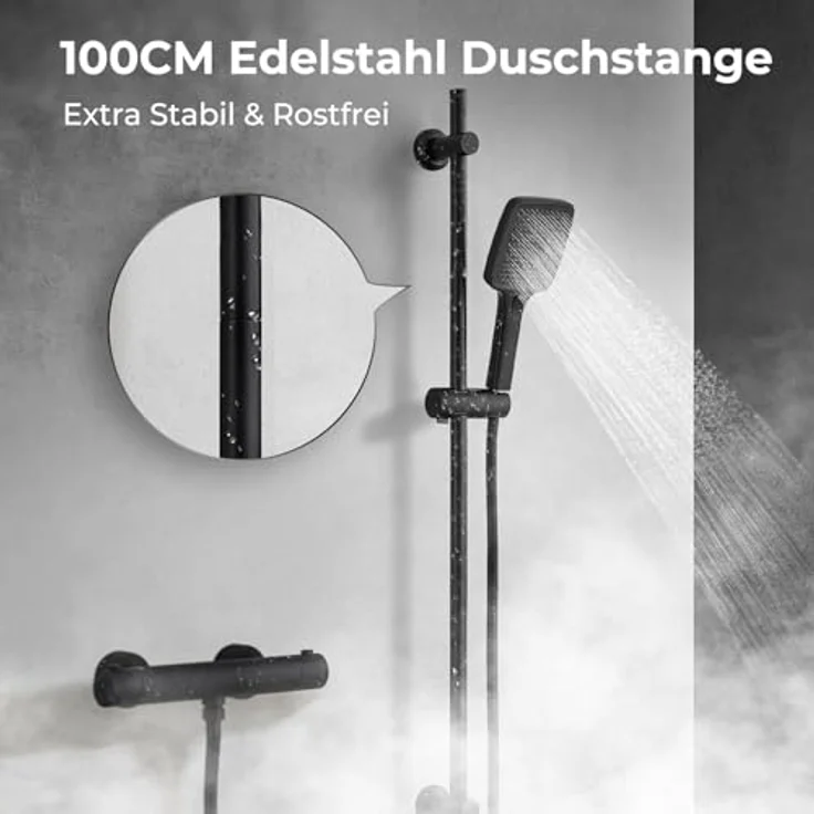 Görbach Duschset Edelstahl Duschstange mit Duschkopfhalterung, 100cm schwarz, feuchtigkeits- und rostbeständig, flexible Montage, höhenverstellbar – Bild 2