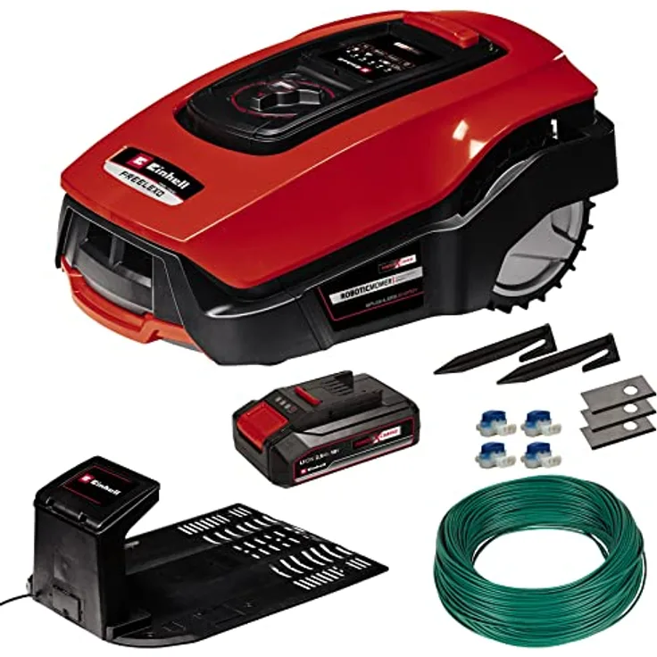 Einhell Mähroboter FREELEXO 600 BT (für bis zu 600 m², Multizonenmäher, Bluetooth App, inkl. 2,5 Ah PXC Akku, 140 m Draht, 200 Haken, 3 Klingen, 4 Klemmen, Installationsset)