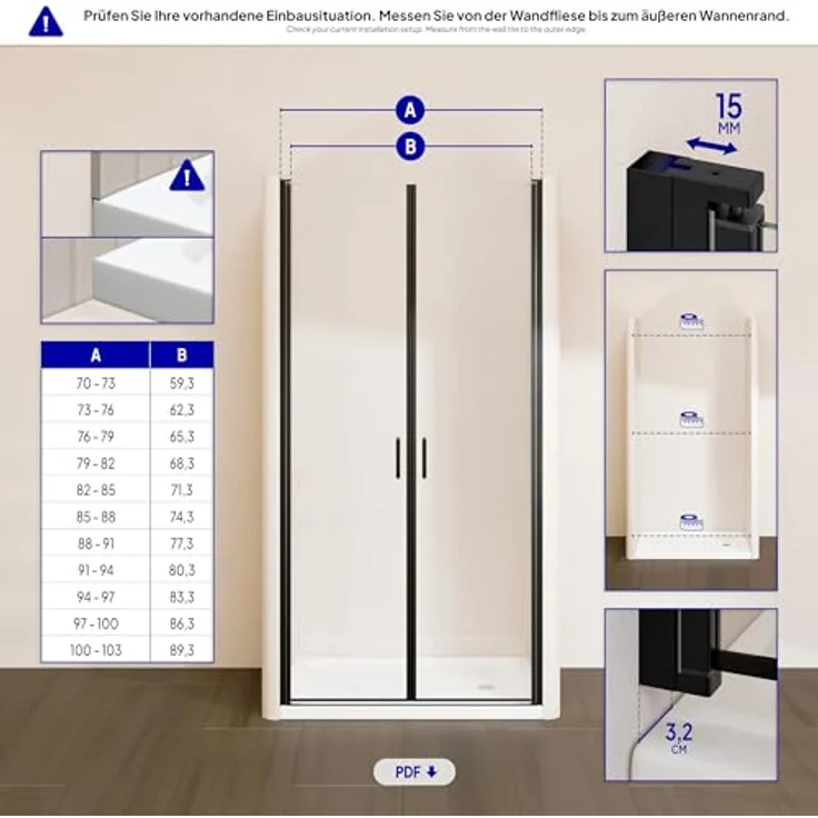 i-flair Duschtür 70-73 cm, Höhe: 180 cm, aus 6 mm durchsichtigem Sicherheitsglas mit magnetischer Dichtung und Nano-Beschichtung – Bild 7
