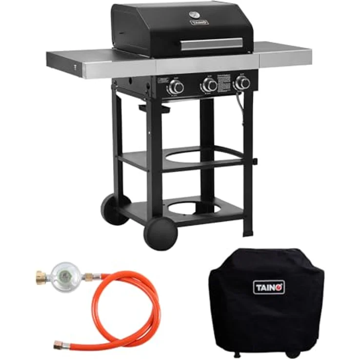TAINO WABAYA 3+0 Gasgrill Grillwagen 3 Brenner Keramik Sear-Burner Piezo-Zündung Thermometer Warmhalterost Schwarz Matt mit Abdeckhaube – Bild 1