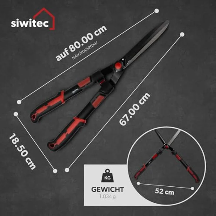 siwitec Teleskop-Heckenschere, Gartenschneider mit Aluminiumgriffen, 67,5 - 80 cm, schwarz-rot, leicht, SK-5 Kohlenstoffstahlklinge – Bild 3