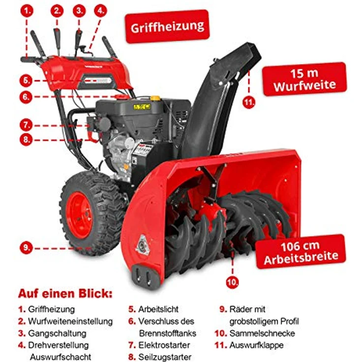 Hecht 9542 SQ, Benzin-Schneefräse mit 15 PS, Elektrostart, LED-Scheinwerfer, Griffheizung, 106 cm Arbeitsbreite, 51 cm Arbeitshöhe, 420 cm³, 15 m Wurfweite – Bild 2