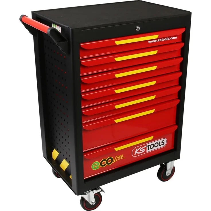 KSTOOLS ECOline Werkstattwagen, schwarz/rot/gelb, 7 Schubladen mit Selbsteinzug und SOFT-CLOSE-Funktion, zentrale Verriegelung, 300 kg Tragkraft