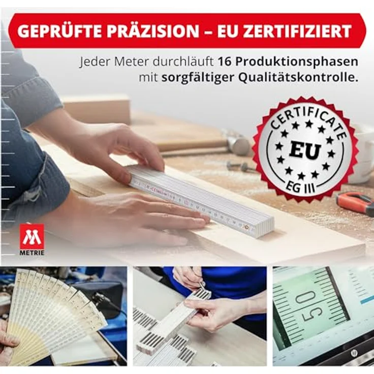 M METRIE Metrie™ PERFEKT 5 Zollstock, 1m Gliedermaßstab in Weiß/Gelb mit Duplex Teilung, 20 Stück, robuste Stahlgelenke mit Messing-Finish, Hergestellt in der EU – Bild 5