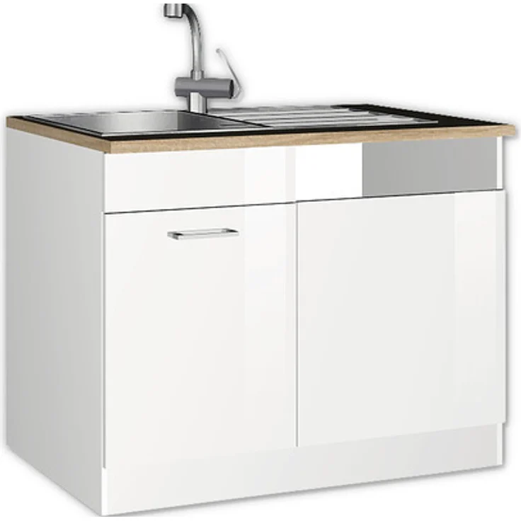 Held Möbel Spülzentrum Mailand, Spülenunterschrank mit hochglänzender MDF-Front, 110 x 60 x 85 cm, weiß hochglanz, zerlegt, reversibler Anschlag