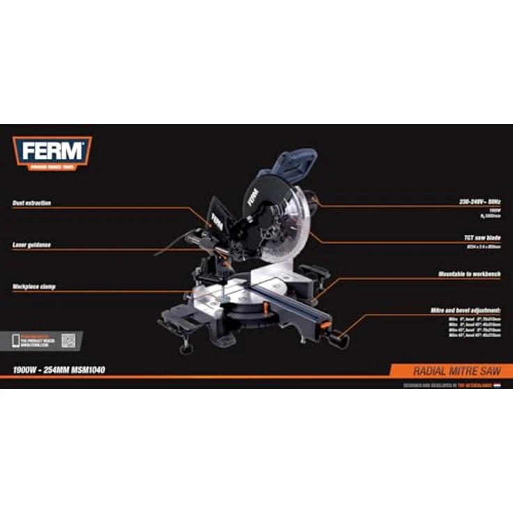 FERM Radialkappsäge ? 1900W ? Ø254mm ? Laserführung ? Inkl. 60T TCT-Sägeblatt, Tischverlängerungen, Werkstückklemme und Staubbeutel – Bild 8
