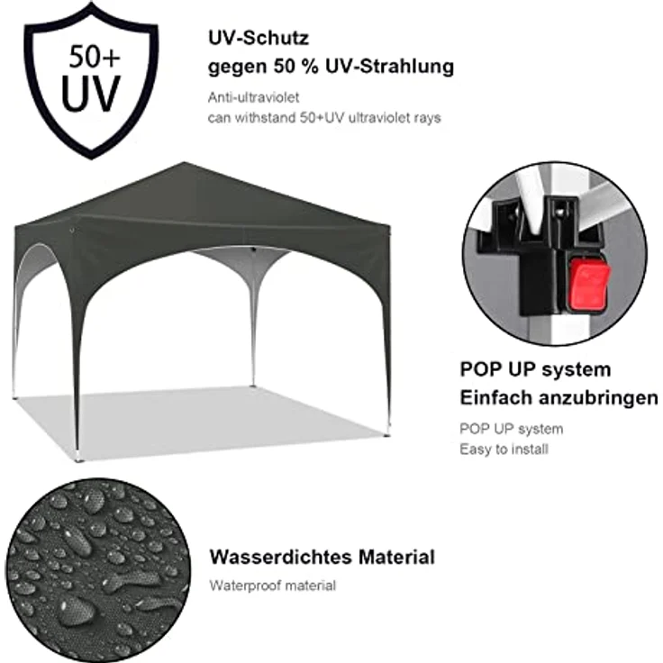 WOLTU Pavillon Pop-Up wasserdichter Faltpavillon Sonnenschutz Event Gazebo Gartenpavillon auf Terrasse Camping Festival mit Halbmonddach Pagodenzelt des Halbkreises aus Oxford Metallrahmen 3x3m Grau – Bild 4