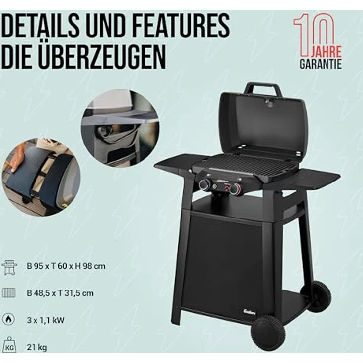 Enders eUrban Pro 2 Turbo Mobil, Elektrogrill mit 2,2 kW Leistung, emailliertem Gussrost und Trolley – Bild 2