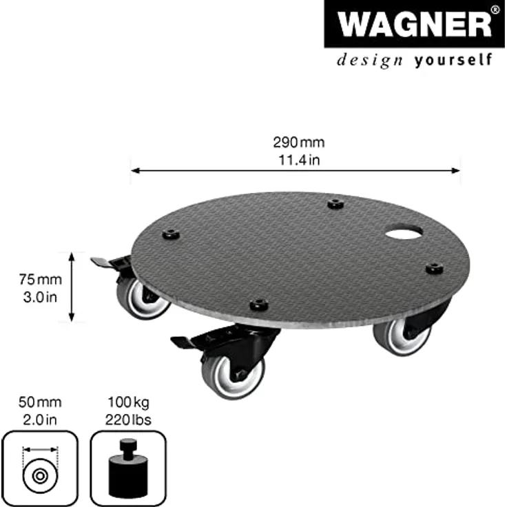 WAGNER Pflanzenroller HPL Deluxe Black Ø 29 x 7,5 cm, Kübelroller mit 2 Total-Feststellern, Tragkraft 100 kg, für Innen- und Außenbereich, Made in DE