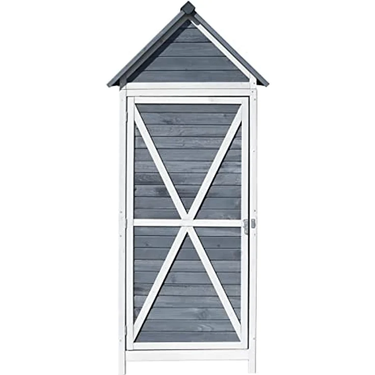 Wiltec Gartenschrank aus Holz grau 77x53x179cm mit Tür, Satteldach und Bitumenisolierung - Gerätehaus Werkzeughaus Geräteschrank Garden Storage Shed – Bild 2