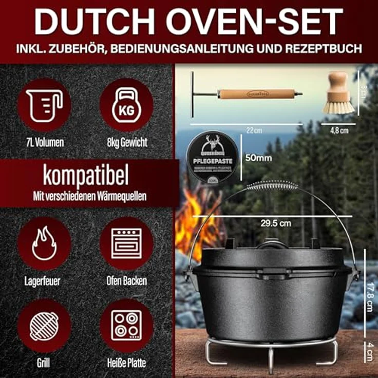 GUSSKÖNIG Dutch Oven Set, Eingebrannter Feuertopf aus Gusseisen, 7L für 3-6 Personen, mit 2in1 Deckelheber, Untersetzer, Bürste und Rezeptbuch, 30 Jahre Garantie – Bild 2