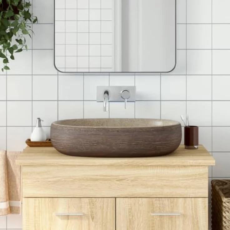 vidaXL Aufsatzwaschbecken, Oval Waschbecken mit Muster, Handgefertigt Waschtisch Waschschale für Badezimmer, Handwaschbecken Spülbecken, Sandfarben Braun 59x40x14 cm Keramik – Bild 2