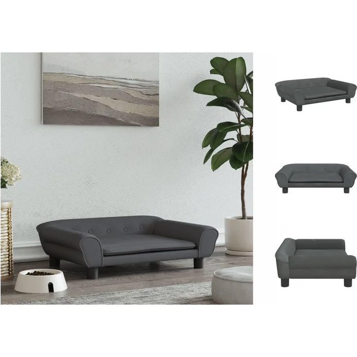 vidaXL Hundebett Dunkelgrau Samt, 70x48x22 cm, für kleine Hunde bis 50 kg, massives Kiefernholz