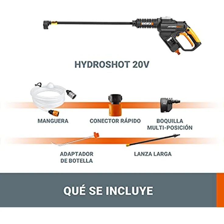 Worx WG630E.9 Akku Hydroshot 20V Mobiler Hochdruckreiniger inkl. 6m Schlauch, Verlängerung für Lanze, Flaschenadapte, Schnellverbinder-Ohne Akku und Ladegerät, 20 V, Schwarz, Orange – Bild 3