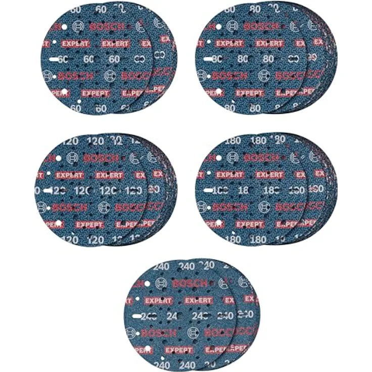 Bosch 55x EXPERT O780 Folienschleifscheiben-Set, 150 mm, 55‑tlg. für Hartholz, Ø 150 mm, Körnung 5 x 60 bis 5 x 240, Klettverschluss