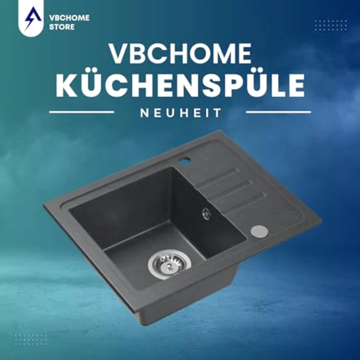 VBChome Spülbecken Granit Schwarz mit Armatur 55 x 44 cm | Einzelbecken Einbauspüle Gesprenkelt Reversibel Granitspüle Siphon Waschbecken Armatur Schwarz Matt – Bild 2
