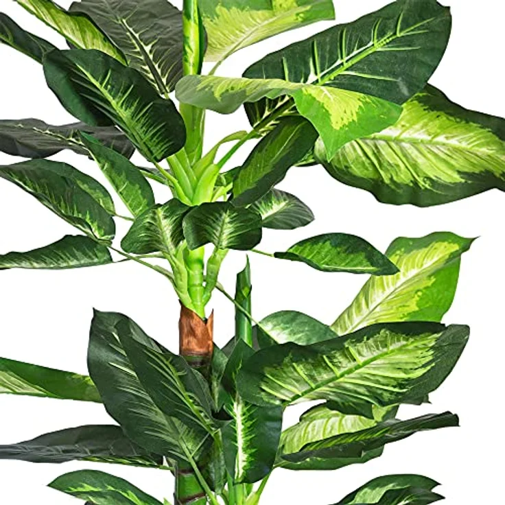 Decovego Kunstpflanze Künstliche Pflanze 130 cm Kunstblume Innendekoration wie echt im Topf, Dieffenbachie 3 Stämme 60 Blätter – Bild 4