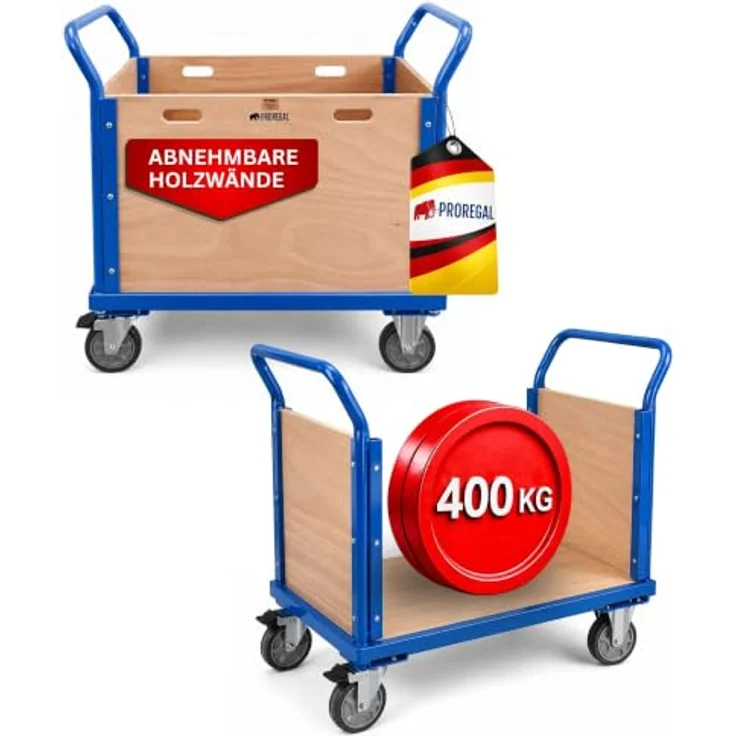 PROREGAL® Transportwagen Plattformwagen mit abnehmbaren Holzwänden, 102x113x60cm, Traglast 400kg, robuster Stahlrahmen, lichtblau – Bild 1
