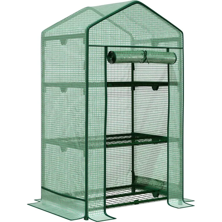 Northio Mini-Gewächshaus mit Folienabdeckung, 3 Regalböden, rollbare Tür, stabiler Metallrahmen, grün, 69 x 49 x 125 cm
