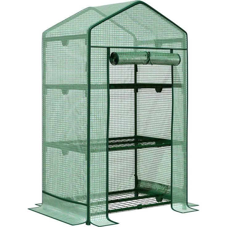 Northio Mini-Gewächshaus mit Folienabdeckung, 3 Regalböden, rollbare Tür, stabiler Metallrahmen, grün, 69 x 49 x 125 cm