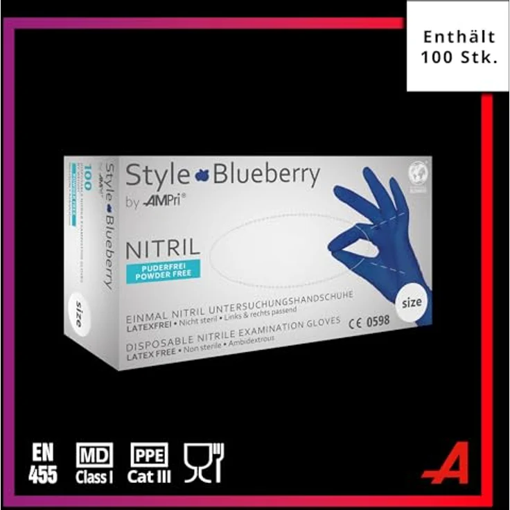 AMPRI Nitrilhandschuhe blueberry, dunkelblau, 100 Stück/Box, Größe XS, puderfrei, lebensmittelecht, latexfrei, ideal für Gastronomie und Medizin – Bild 2
