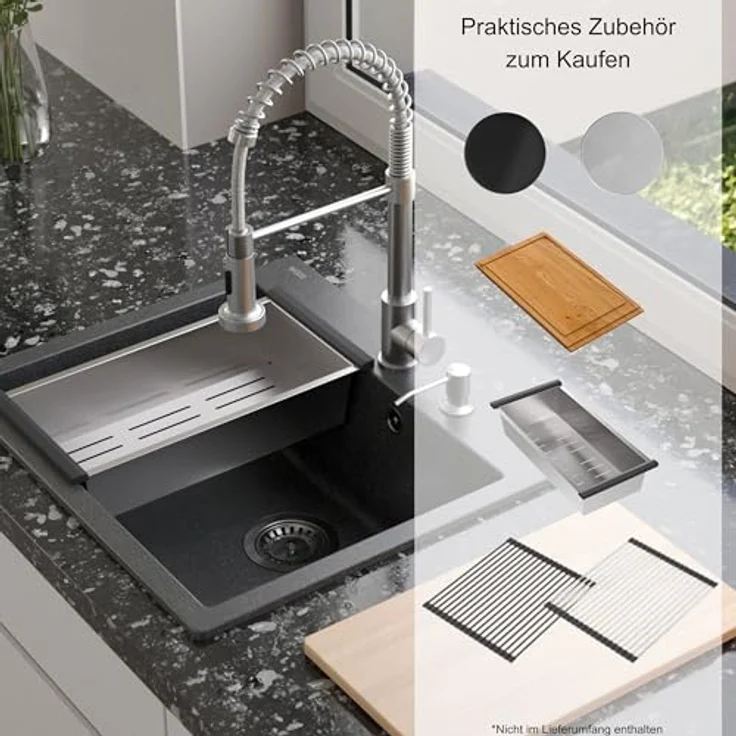 Quadron MORGAN 110 Einbauspüle, Granitspüle in Weiß & Golden, 57 x 50 x 22 cm, Einzelbecken, kratzfest und fleckenbeständig – Bild 4