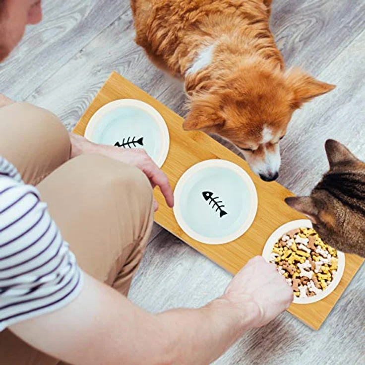 Relaxdays, natur 3er Napfständer Bambus, Keramikschalen Wasser & Futter, spülmaschinenfest, Napfbar Katzen, kleine Hunde, L – Bild 3