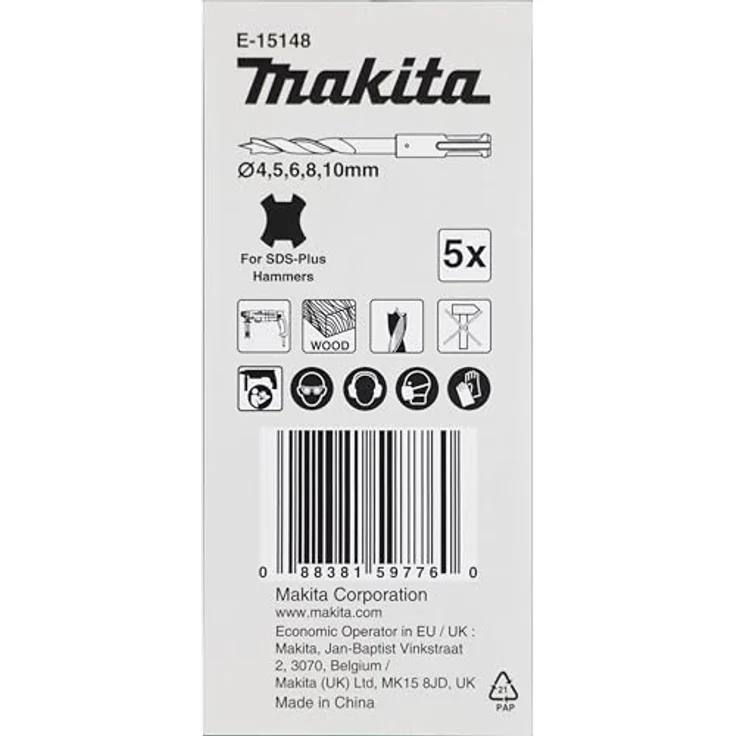 Makita SDS-plus Holzbohrer Set 5 tlg., geeignet zum Bohren von Holz, inklusive Bohrergrößen 4-10 mm in Kunststoffbox – Bild 4