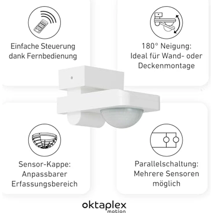 Oktaplex motion 360 Grad Bewegungsmelder, Außenbewegungsmelder mit Dämmerungssensor, 9 m Reichweite, IP65, mit Fernbedienung, schwenkbar, weiß (2er Set) – Bild 2
