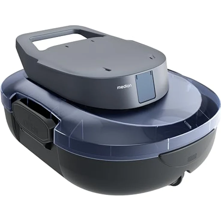 MEDION PR1 Poolroboter Akku, für Aufstellpool, Bodenreinigung, One-Click-Bedienung, Selbstparkfunktion, 120 Min Akkulaufzeit, 2,2 L Filterkapazität, blau, inkl. Ladegerät & Haken – Bild 1