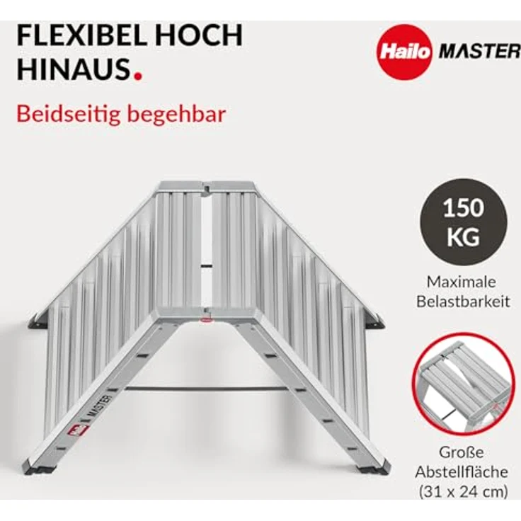 Hailo Master D100 Aluminium Doppelstufenleiter, beidseitig begehbar mit rutschhemmenden Stufen, große Abstellfläche, 2 x 5 Stufen, EN 131 geprüft, belastbar bis 150 kg – Bild 2